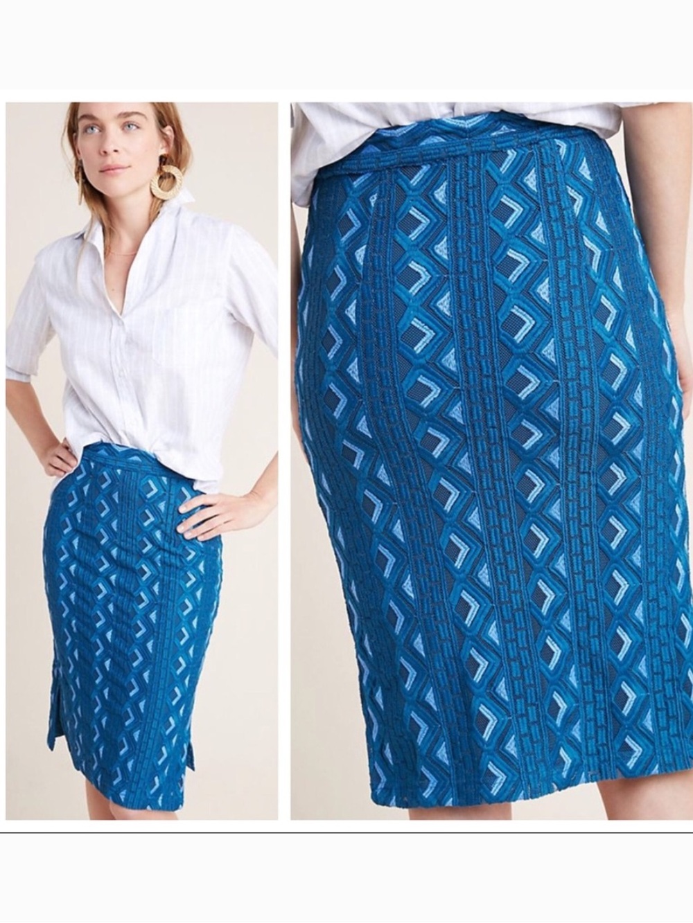Anthropologie Sienna pencil skirt featuring a teal blue color and geometric